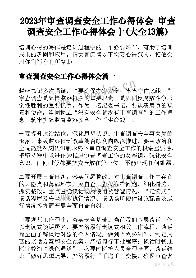 2023年审查调查安全工作心得体会 审查调查安全工作心得体会十(大全13篇)