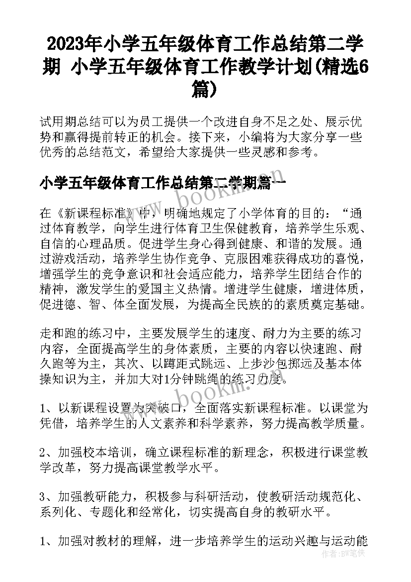 2023年小学五年级体育工作总结第二学期 小学五年级体育工作教学计划(精选6篇)