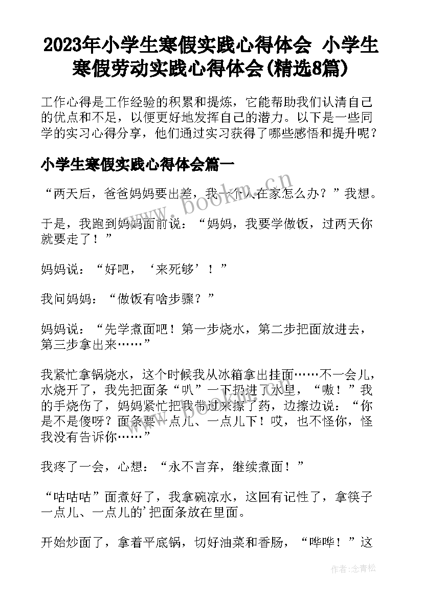 2023年小学生寒假实践心得体会 小学生寒假劳动实践心得体会(精选8篇)