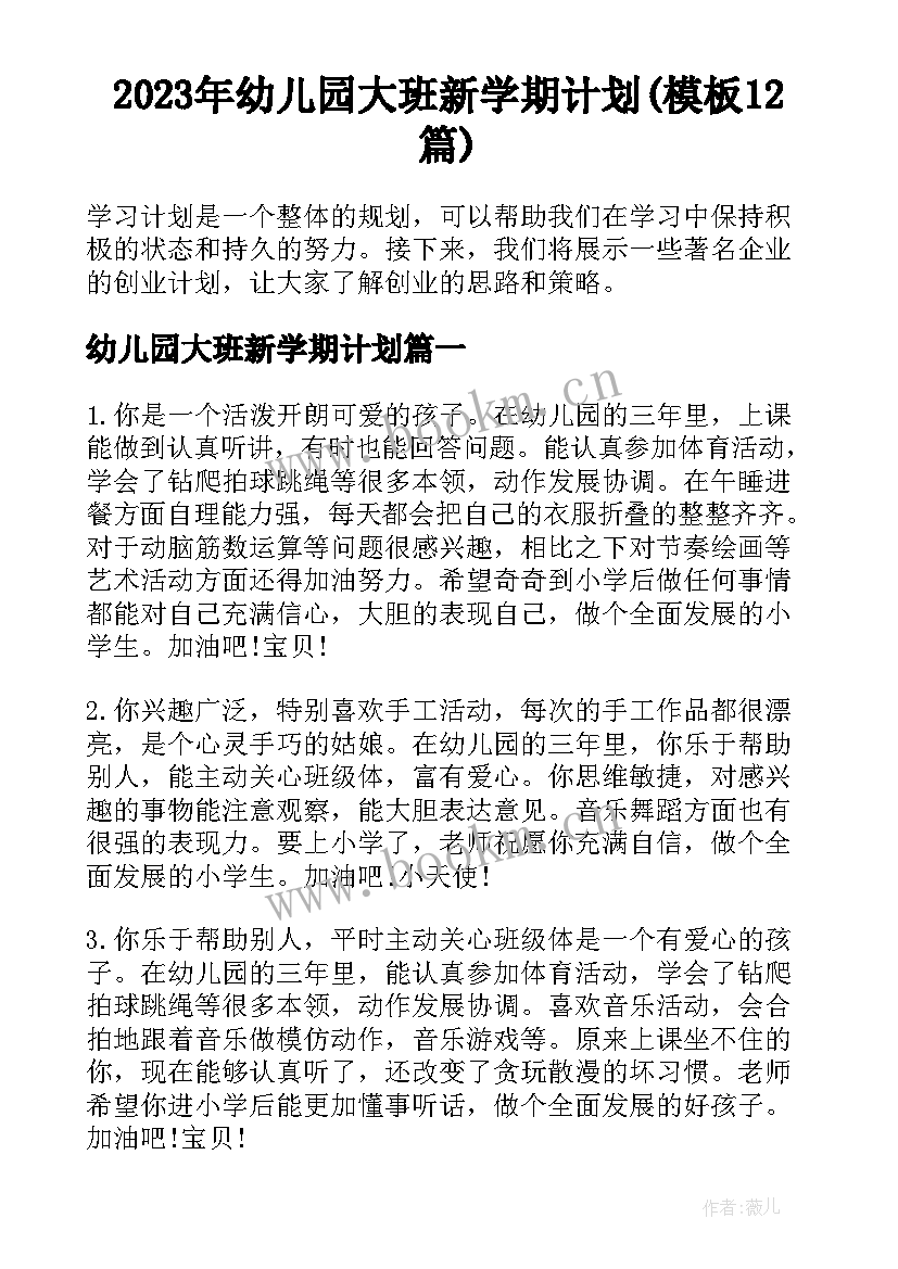 2023年幼儿园大班新学期计划(模板12篇)