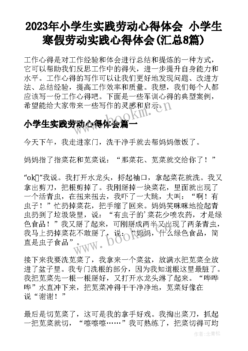 2023年小学生实践劳动心得体会 小学生寒假劳动实践心得体会(汇总8篇)