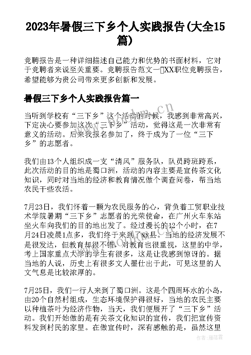 2023年暑假三下乡个人实践报告(大全15篇)