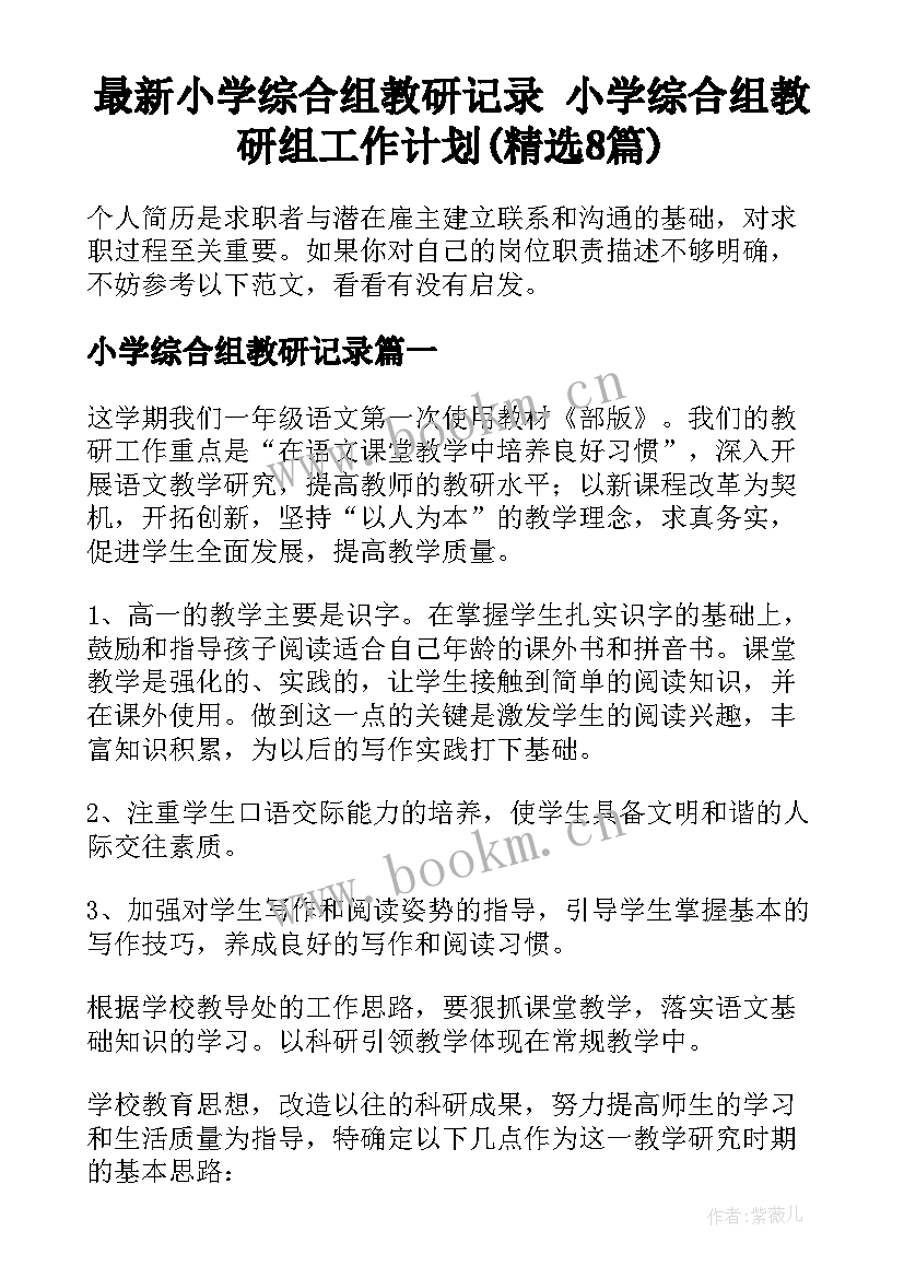 最新小学综合组教研记录 小学综合组教研组工作计划(精选8篇)