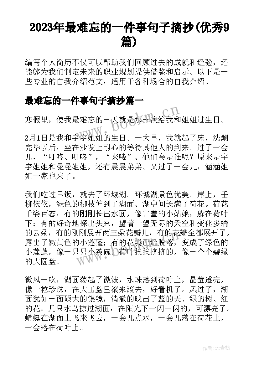 2023年最难忘的一件事句子摘抄(优秀9篇)