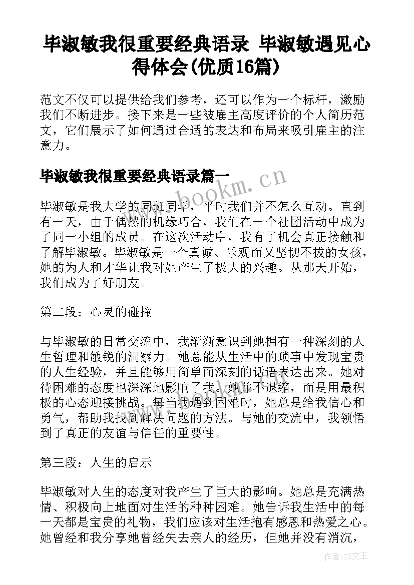 毕淑敏我很重要经典语录 毕淑敏遇见心得体会(优质16篇)