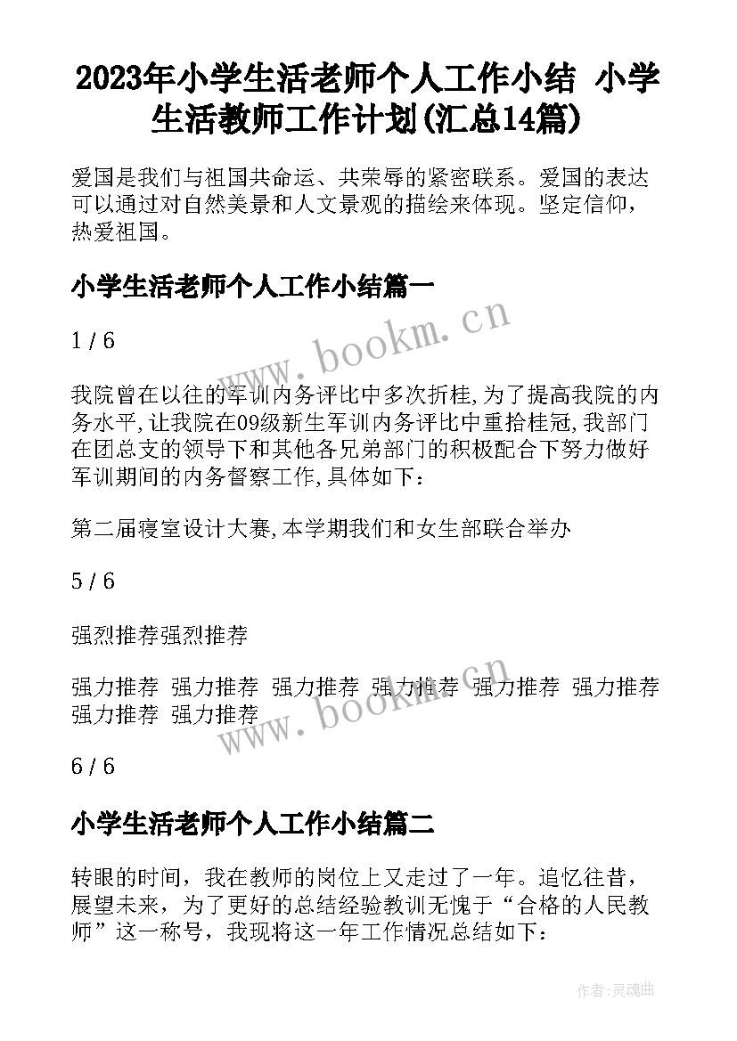 2023年小学生活老师个人工作小结 小学生活教师工作计划(汇总14篇)