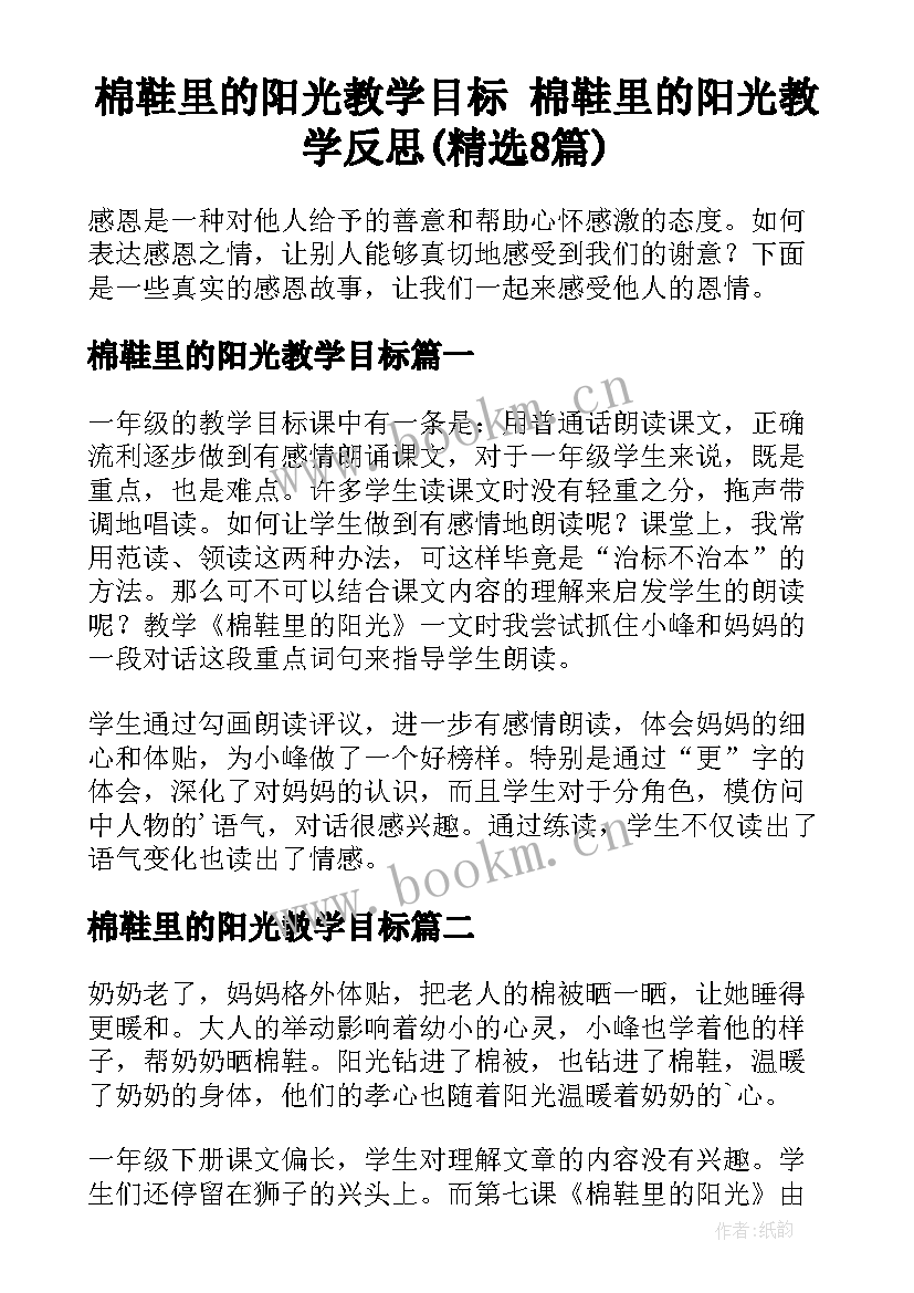 棉鞋里的阳光教学目标 棉鞋里的阳光教学反思(精选8篇)