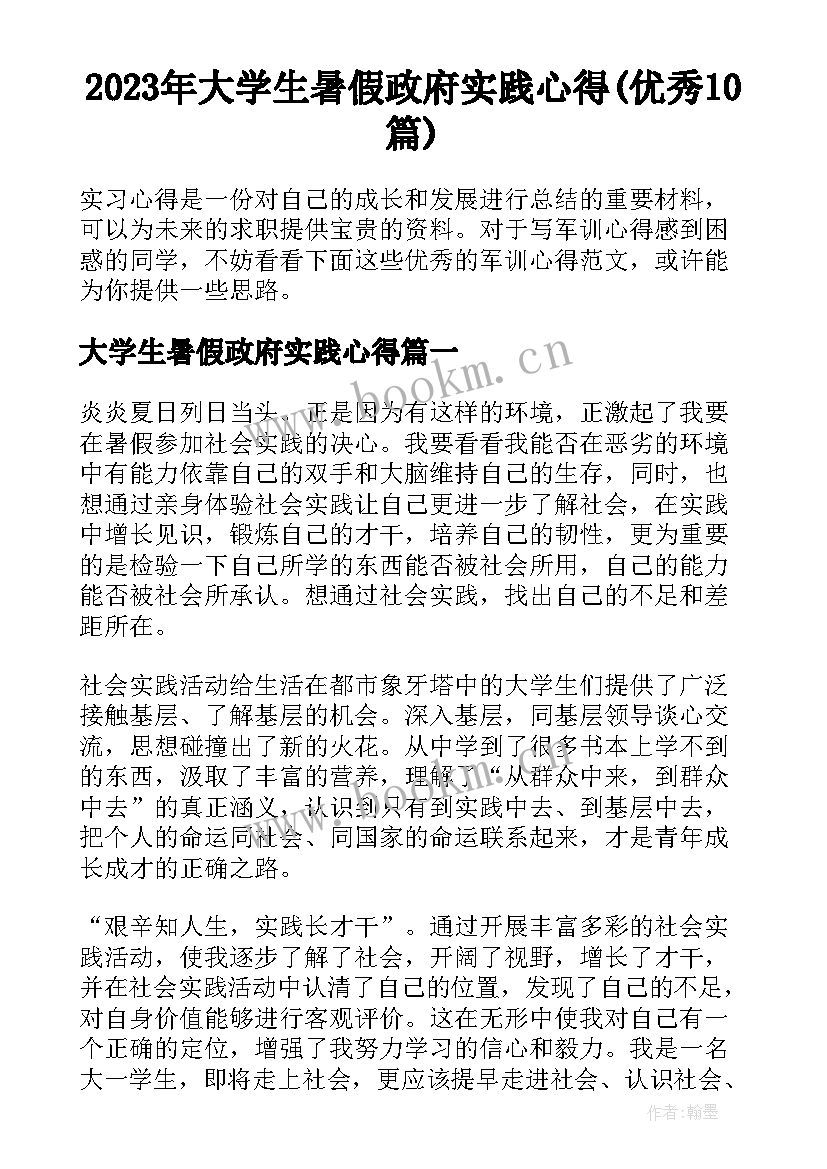 2023年大学生暑假政府实践心得(优秀10篇)