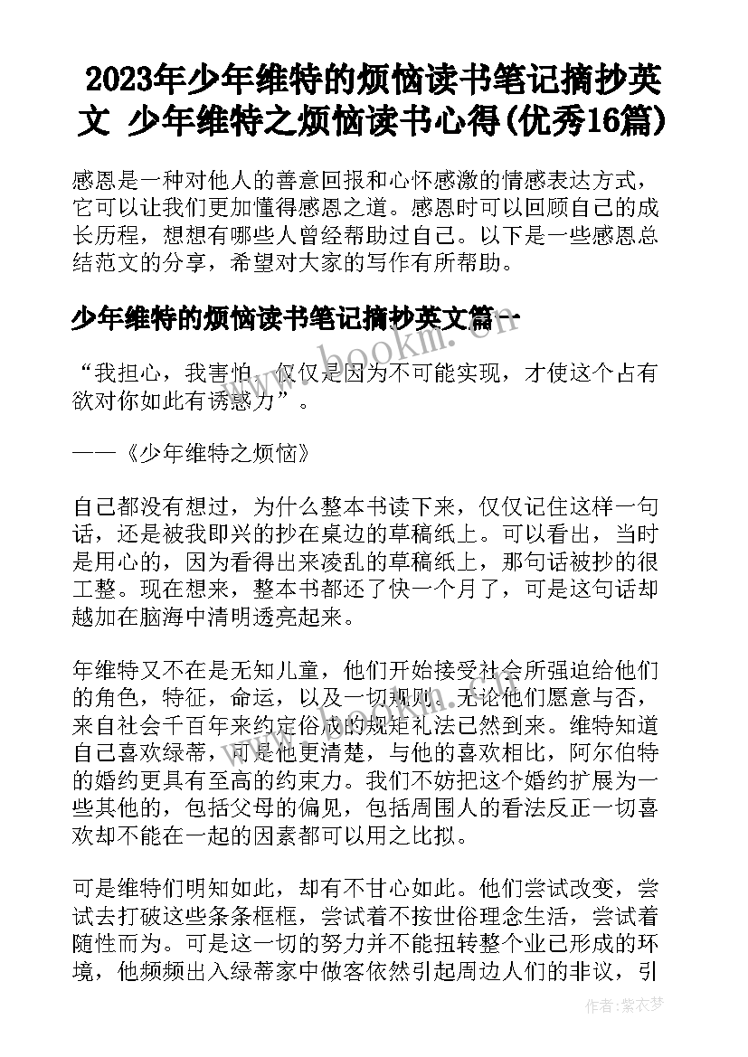 2023年少年维特的烦恼读书笔记摘抄英文 少年维特之烦恼读书心得(优秀16篇)