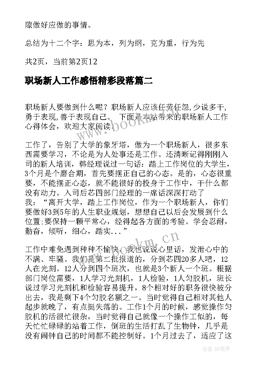 2023年职场新人工作感悟精彩段落(精选6篇)