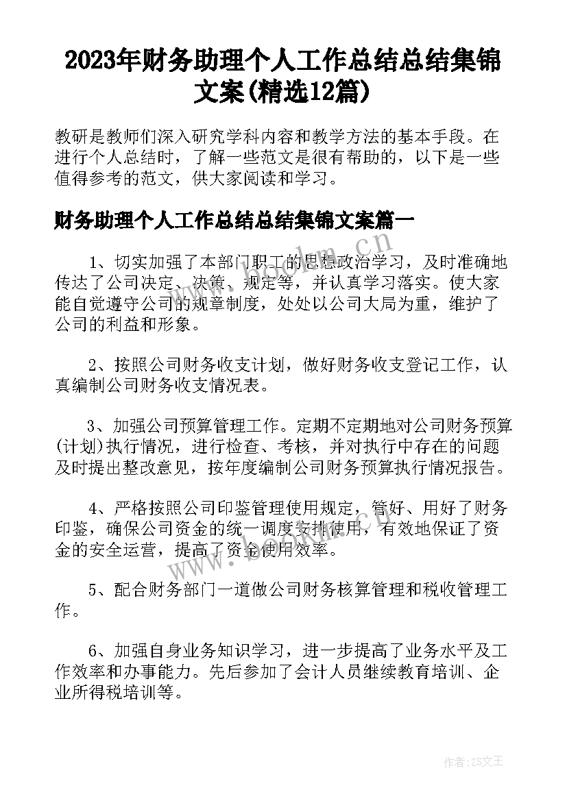 2023年财务助理个人工作总结总结集锦文案(精选12篇)