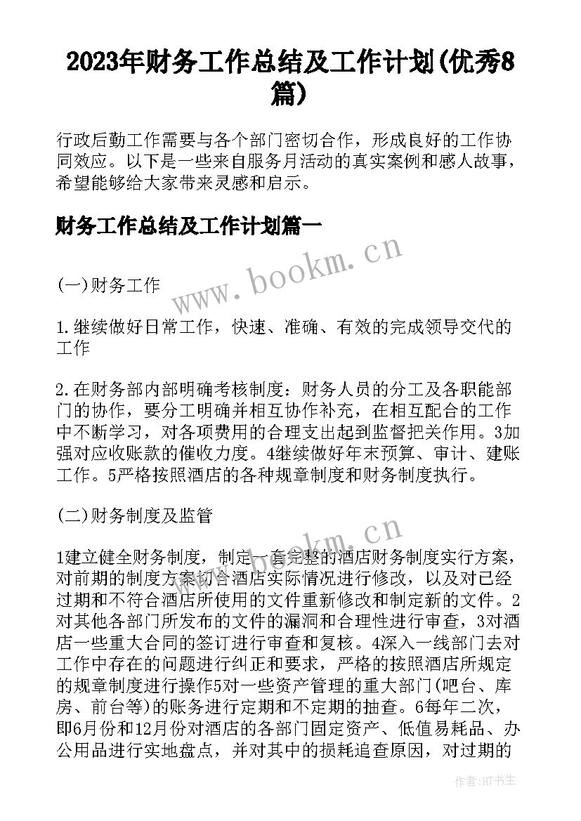 2023年财务工作总结及工作计划(优秀8篇)