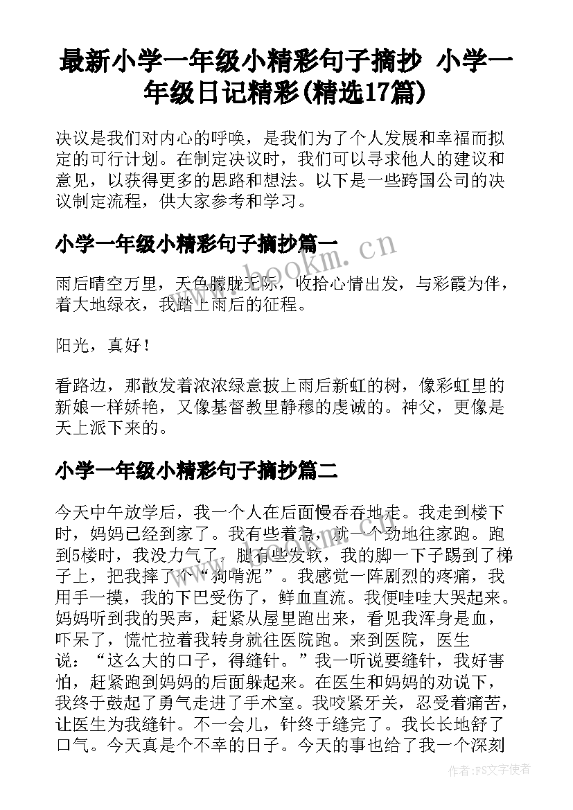 最新小学一年级小精彩句子摘抄 小学一年级日记精彩(精选17篇)