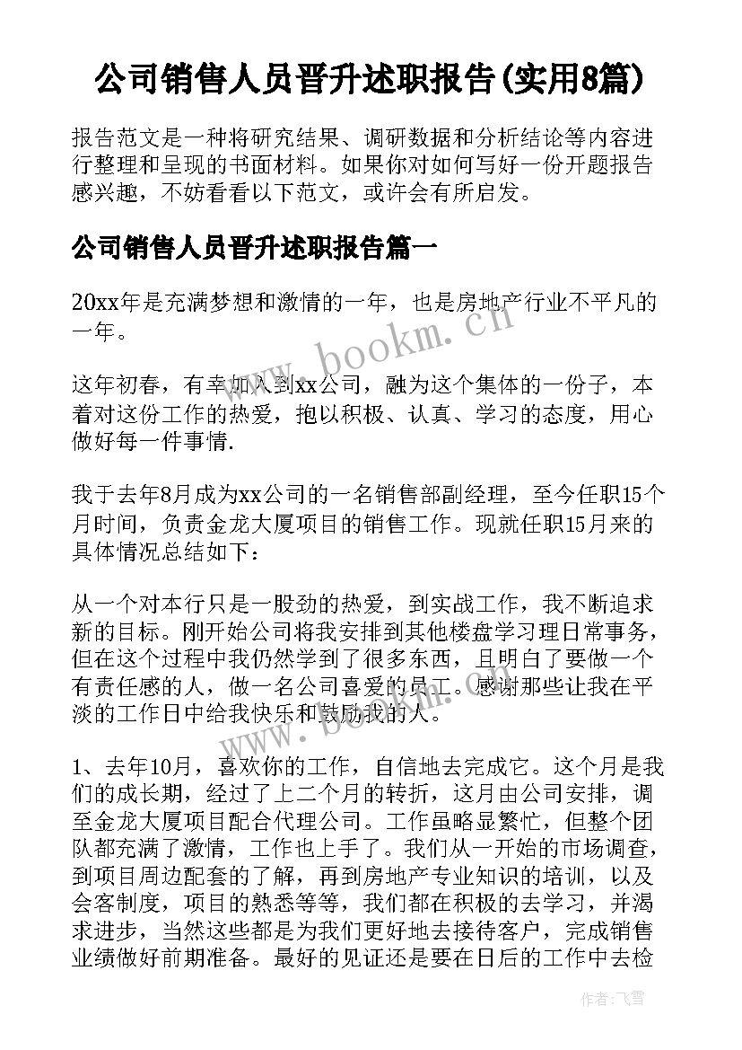 公司销售人员晋升述职报告(实用8篇)