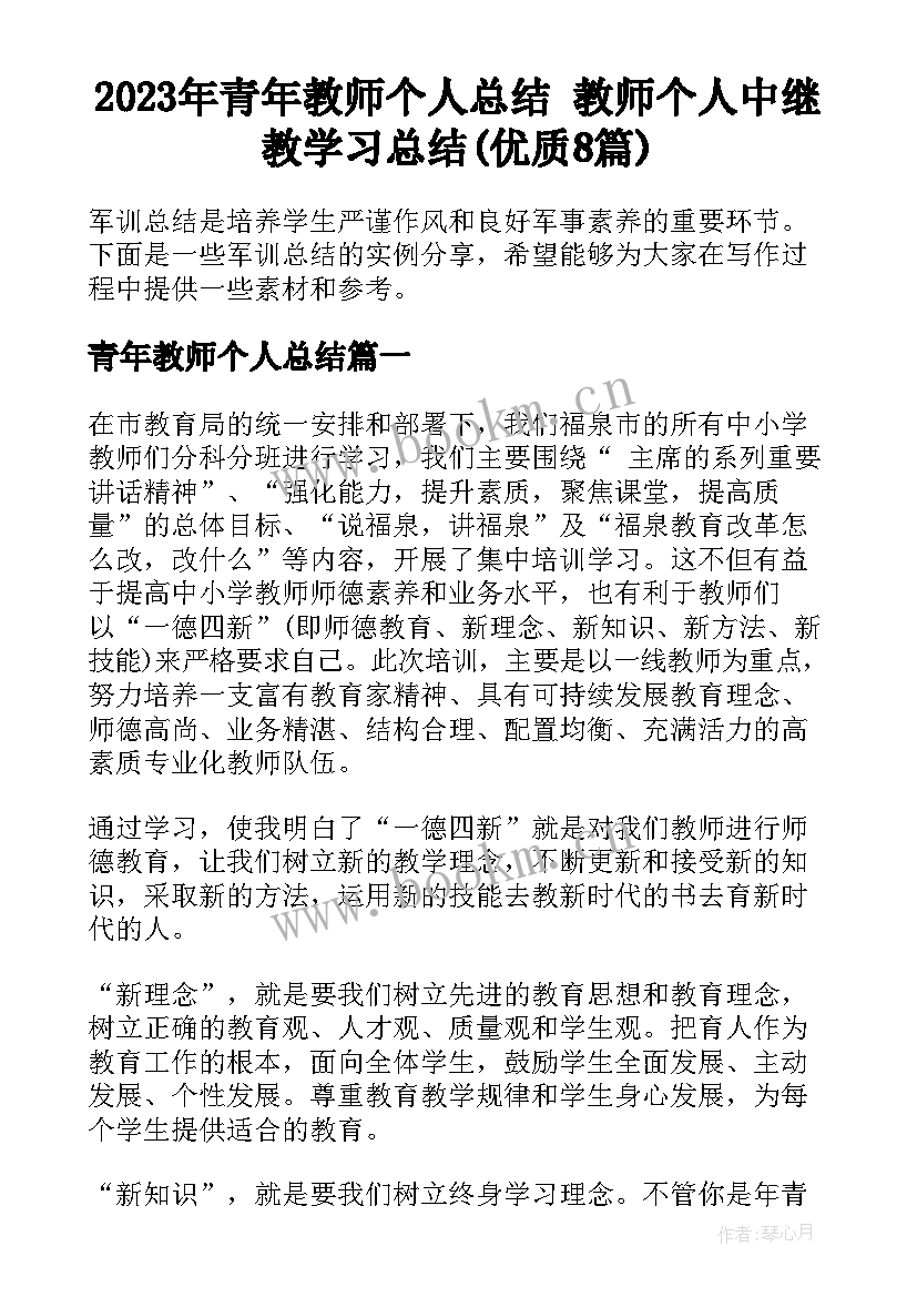 2023年青年教师个人总结 教师个人中继教学习总结(优质8篇)