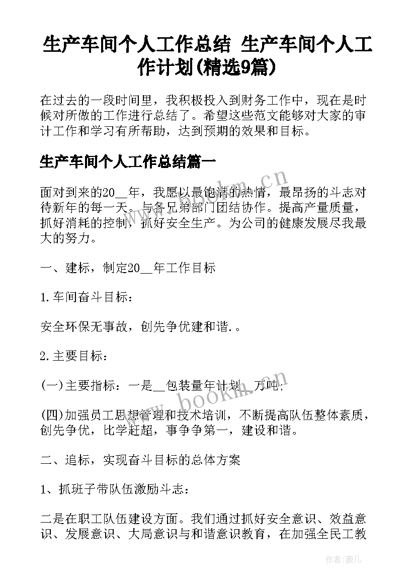 生产车间个人工作总结 生产车间个人工作计划(精选9篇)