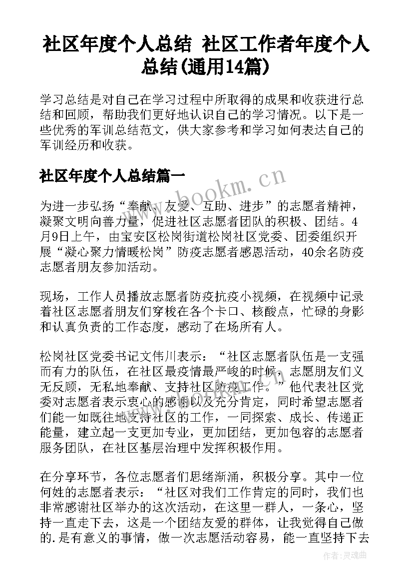 社区年度个人总结 社区工作者年度个人总结(通用14篇)