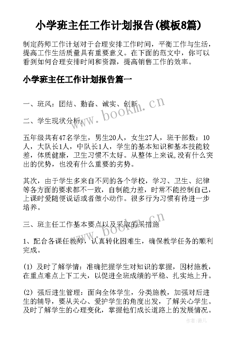 小学班主任工作计划报告(模板8篇)