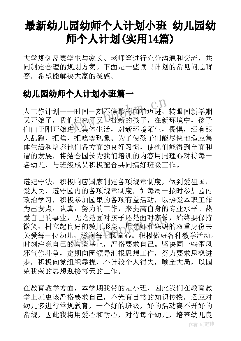 最新幼儿园幼师个人计划小班 幼儿园幼师个人计划(实用14篇)