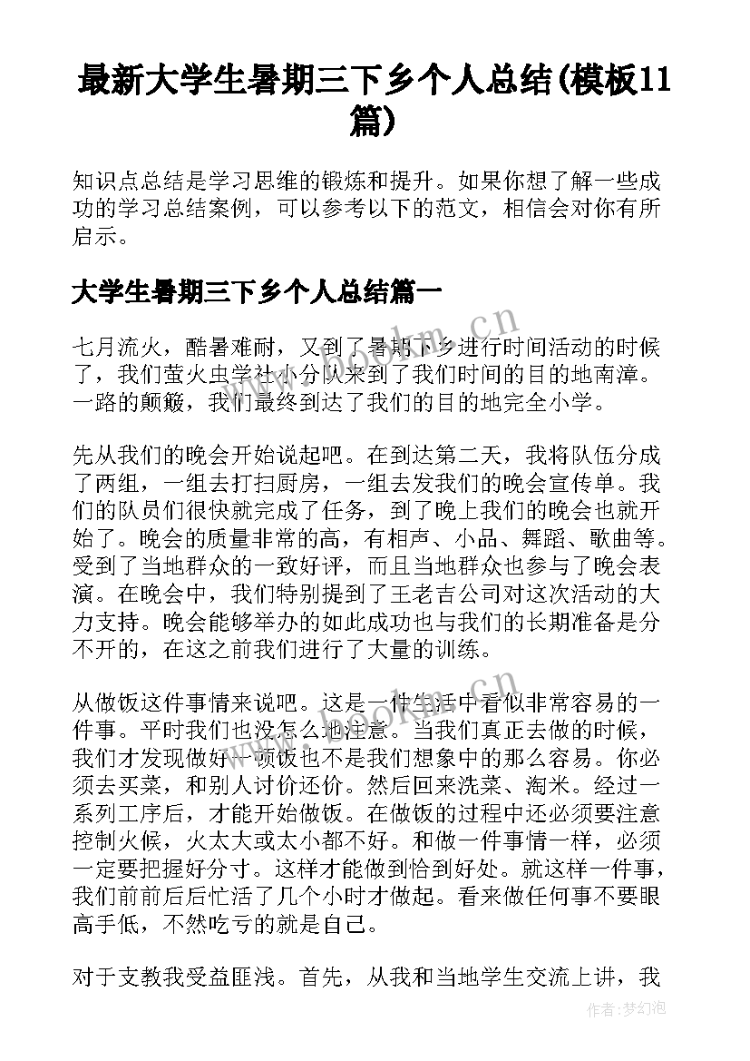 最新大学生暑期三下乡个人总结(模板11篇)