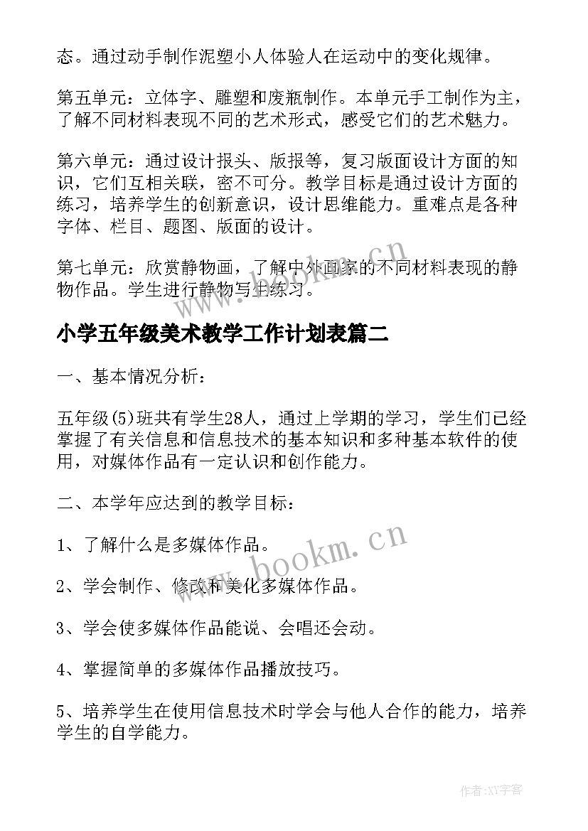 小学五年级美术教学工作计划表(优质19篇)