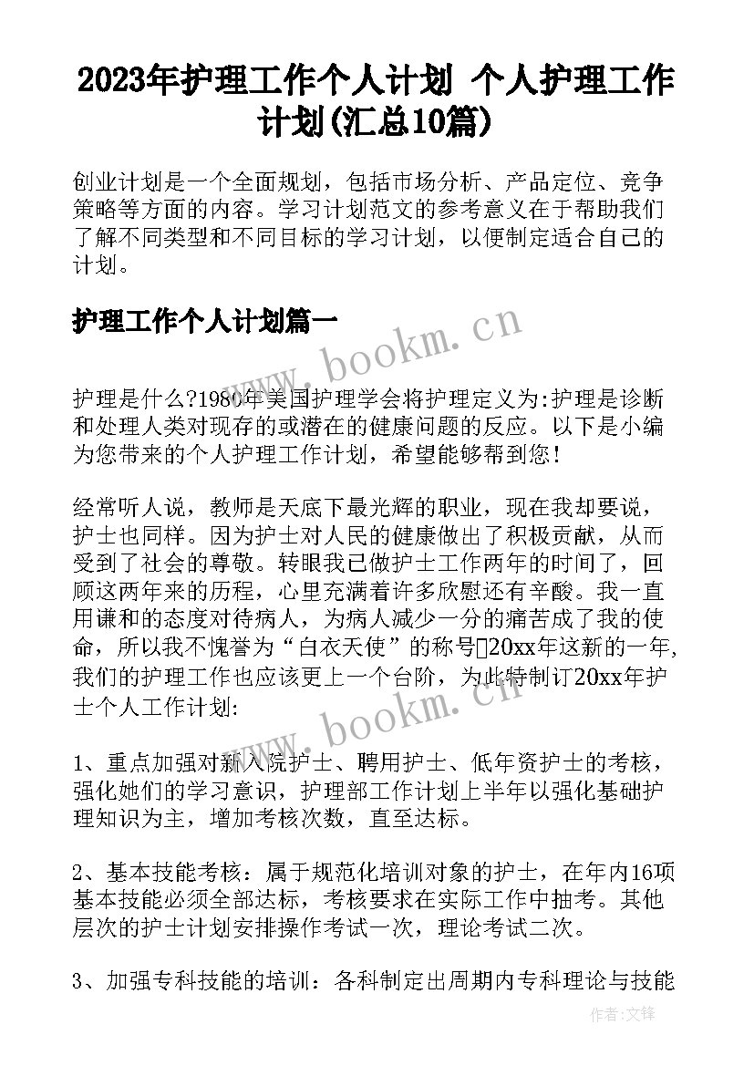 2023年护理工作个人计划 个人护理工作计划(汇总10篇)