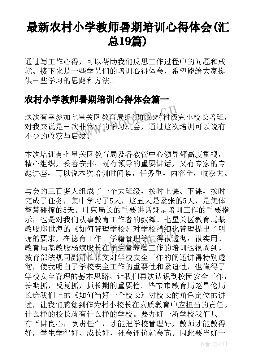 最新农村小学教师暑期培训心得体会(汇总19篇)