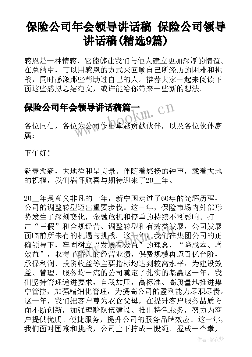 保险公司年会领导讲话稿 保险公司领导讲话稿(精选9篇)