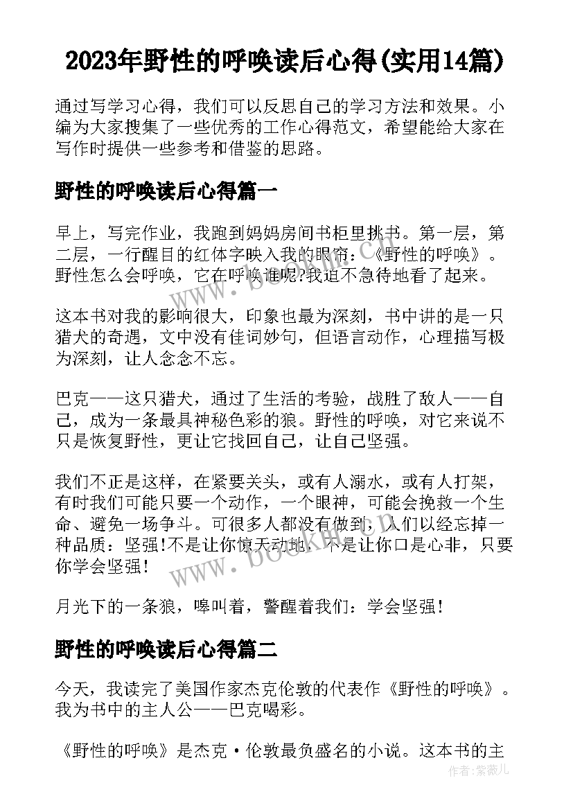 2023年野性的呼唤读后心得(实用14篇)