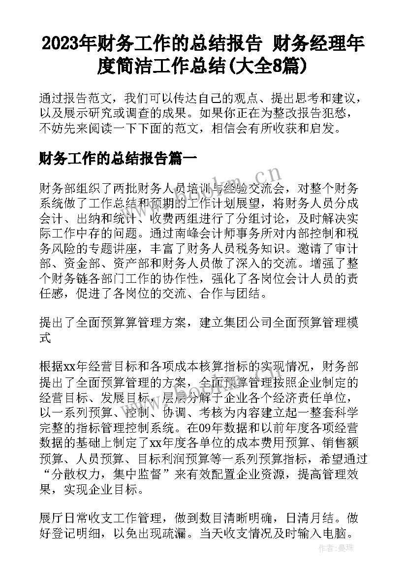 2023年财务工作的总结报告 财务经理年度简洁工作总结(大全8篇)