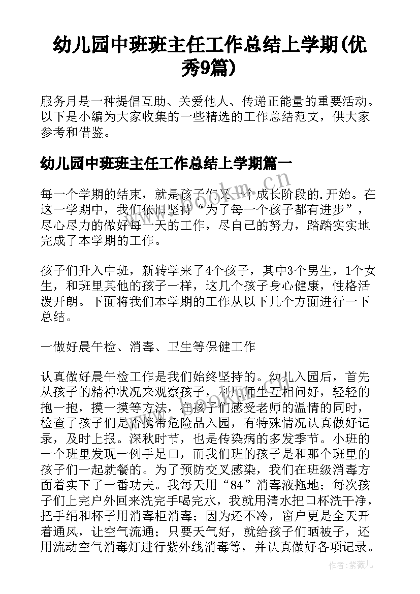 幼儿园中班班主任工作总结上学期(优秀9篇)