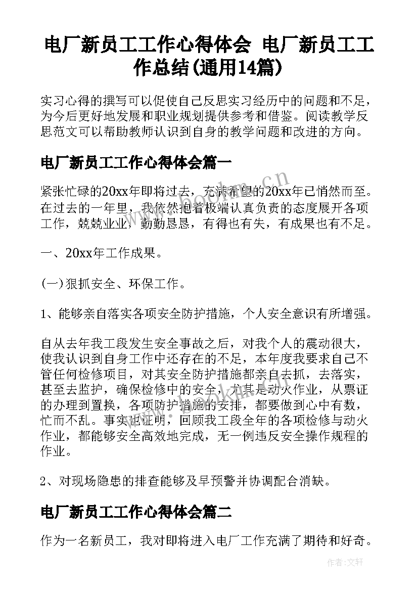 电厂新员工工作心得体会 电厂新员工工作总结(通用14篇)