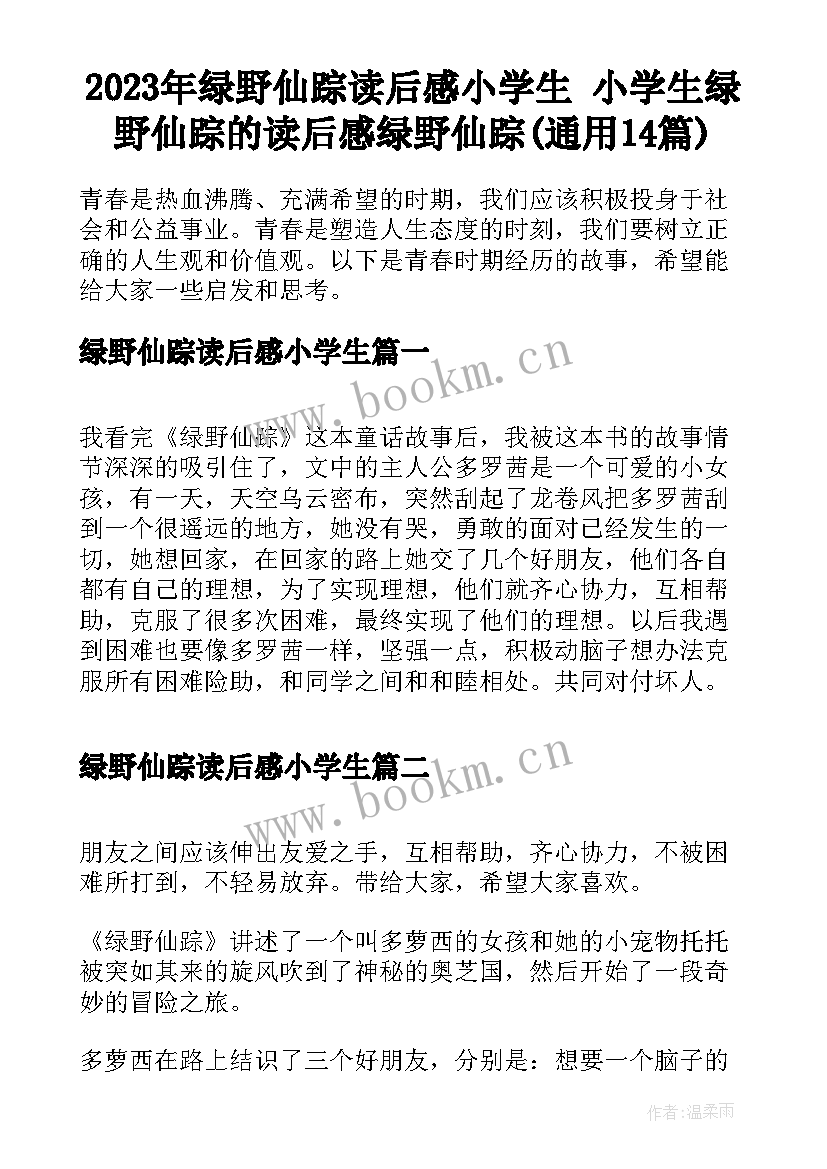 2023年绿野仙踪读后感小学生 小学生绿野仙踪的读后感绿野仙踪(通用14篇)