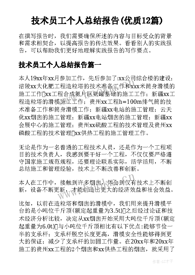 技术员工个人总结报告(优质12篇)