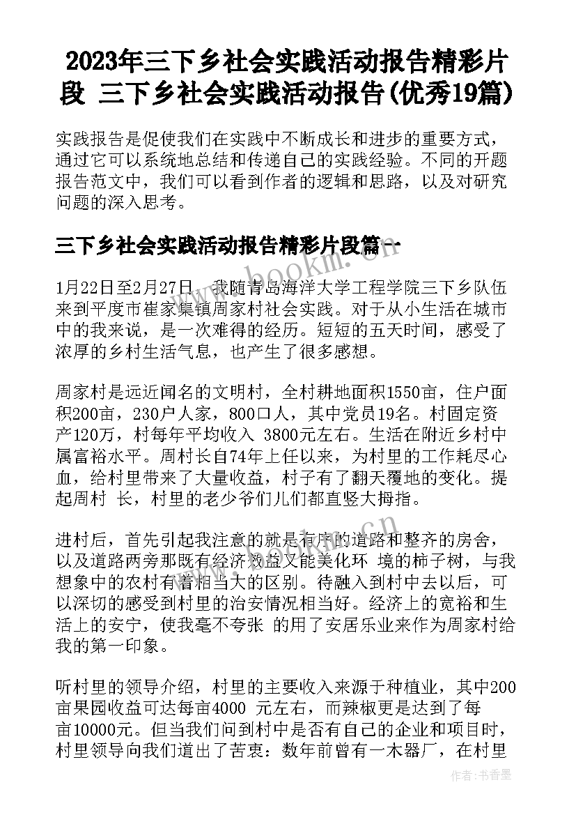 2023年三下乡社会实践活动报告精彩片段 三下乡社会实践活动报告(优秀19篇)