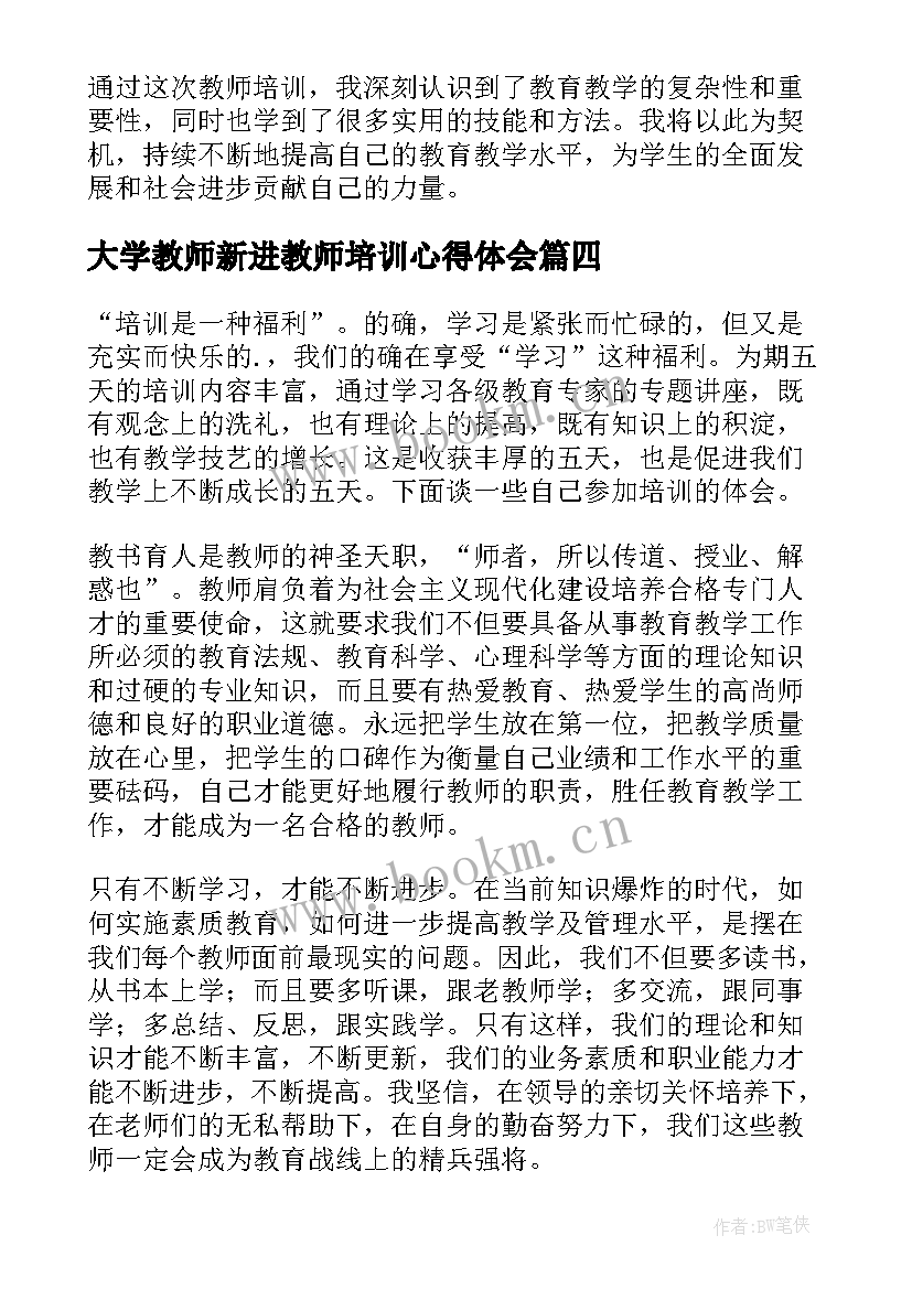 大学教师新进教师培训心得体会(模板11篇)