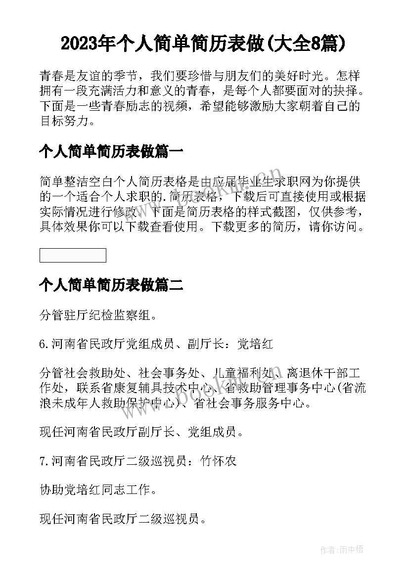 2023年个人简单简历表做(大全8篇)