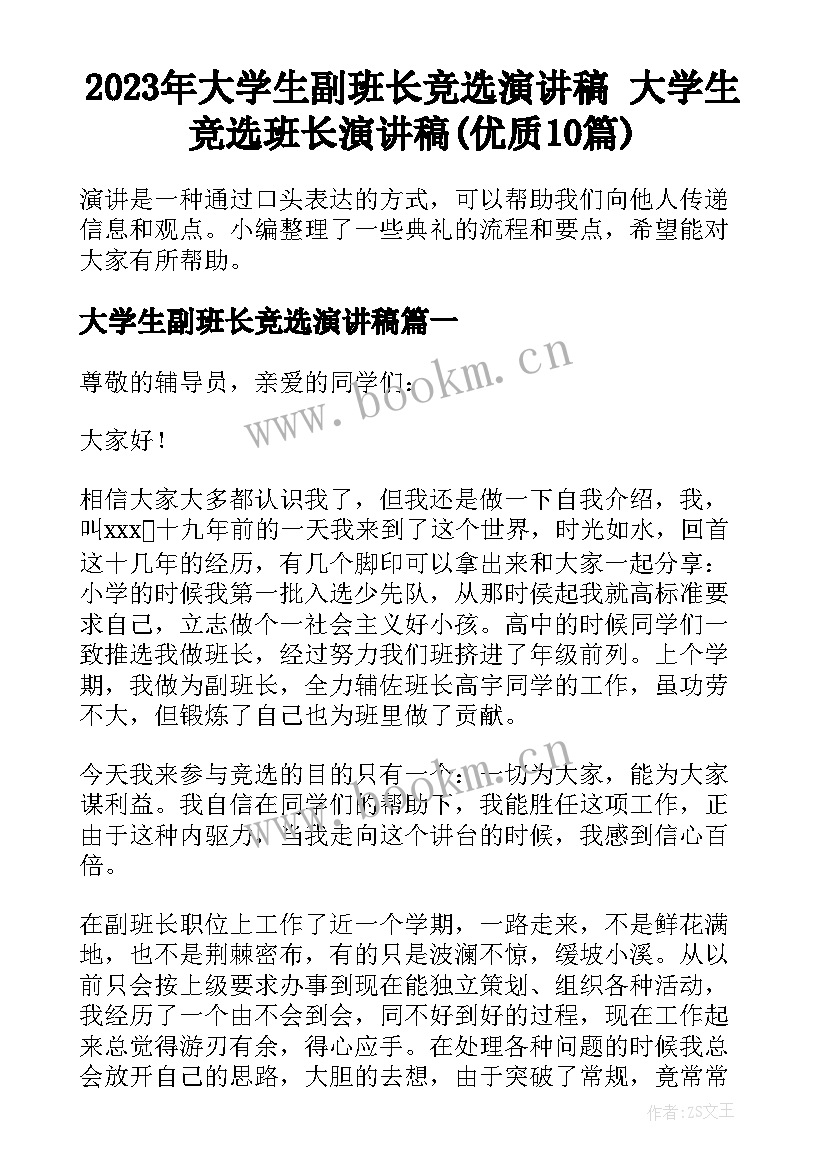 2023年大学生副班长竞选演讲稿 大学生竞选班长演讲稿(优质10篇)