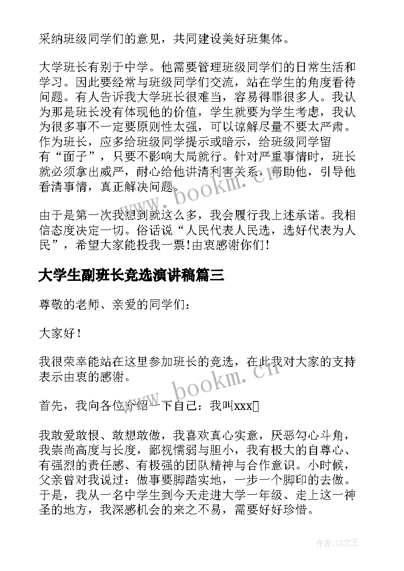 2023年大学生副班长竞选演讲稿 大学生竞选班长演讲稿(优质10篇)