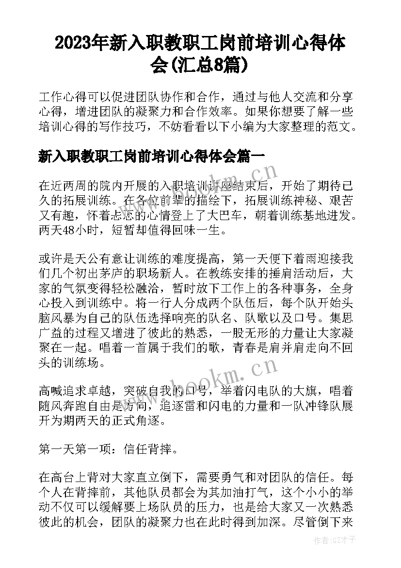 2023年新入职教职工岗前培训心得体会(汇总8篇)