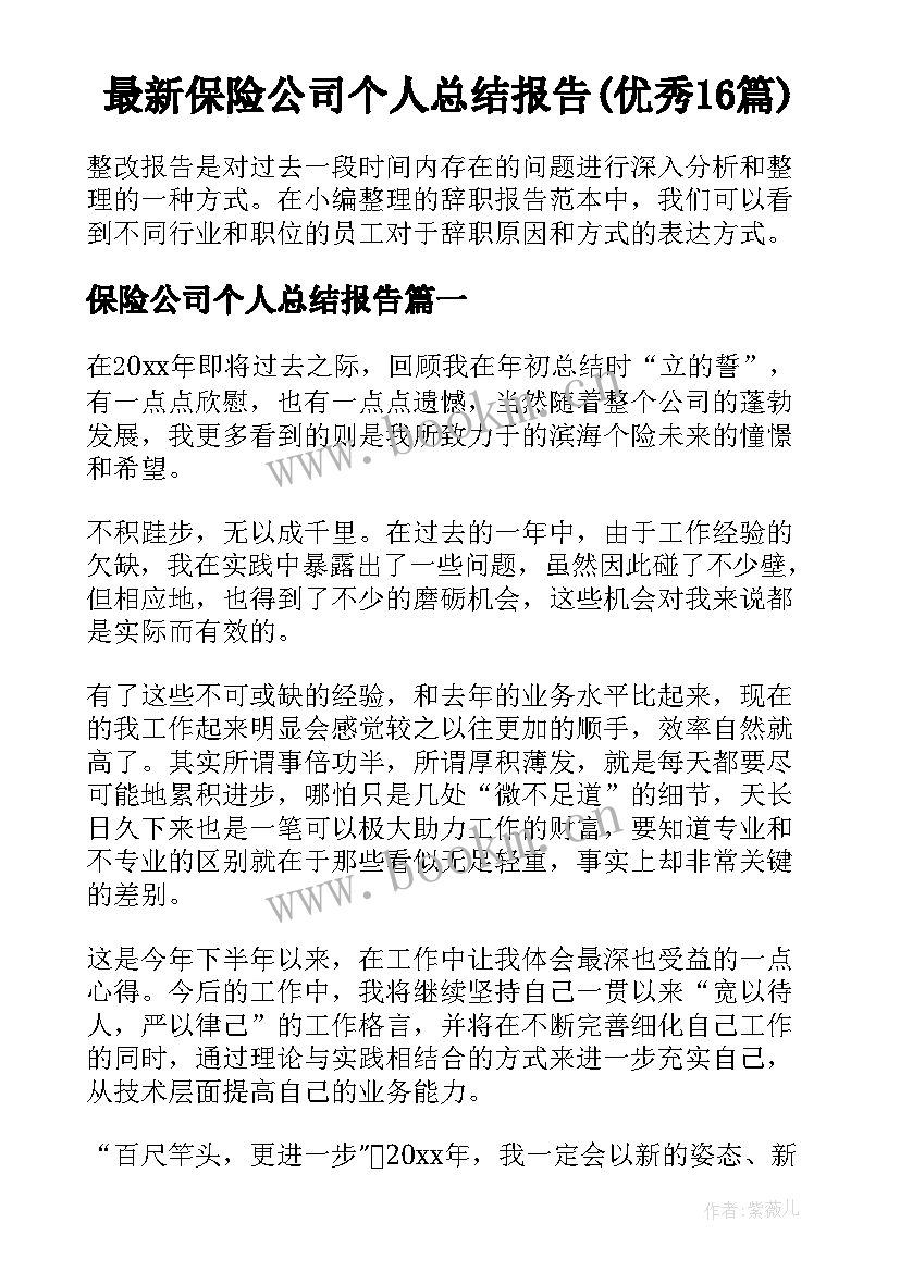 最新保险公司个人总结报告(优秀16篇)