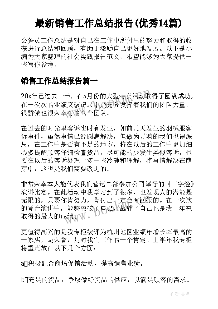 最新销售工作总结报告(优秀14篇)