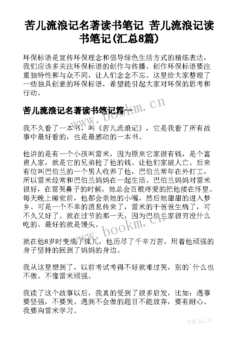 苦儿流浪记名著读书笔记 苦儿流浪记读书笔记(汇总8篇)