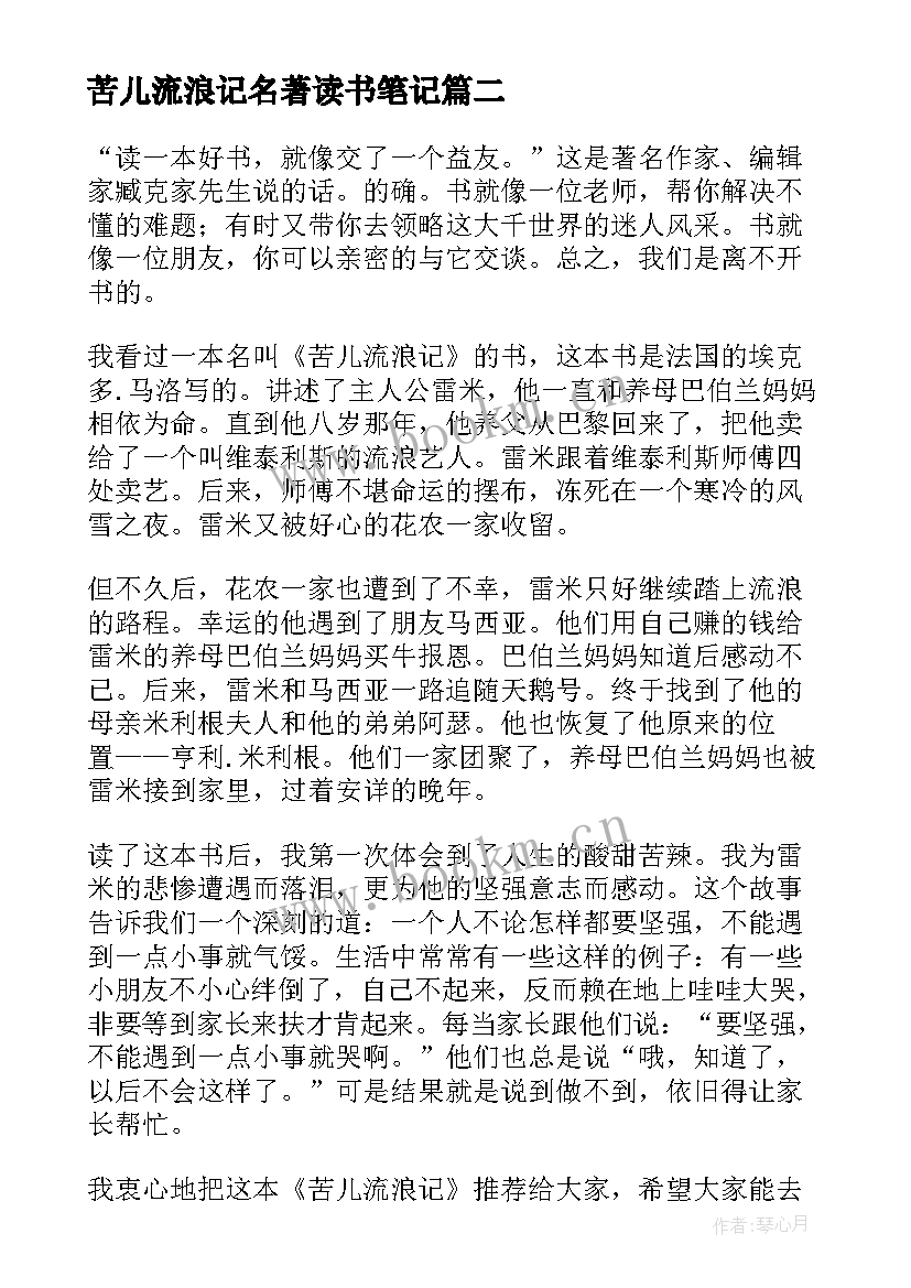 苦儿流浪记名著读书笔记 苦儿流浪记读书笔记(汇总8篇)