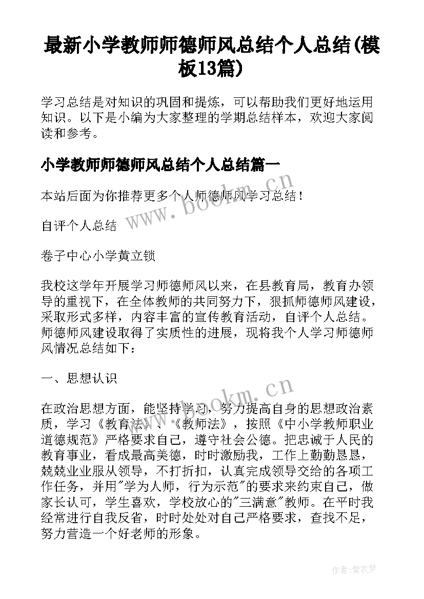 最新小学教师师德师风总结个人总结(模板13篇)