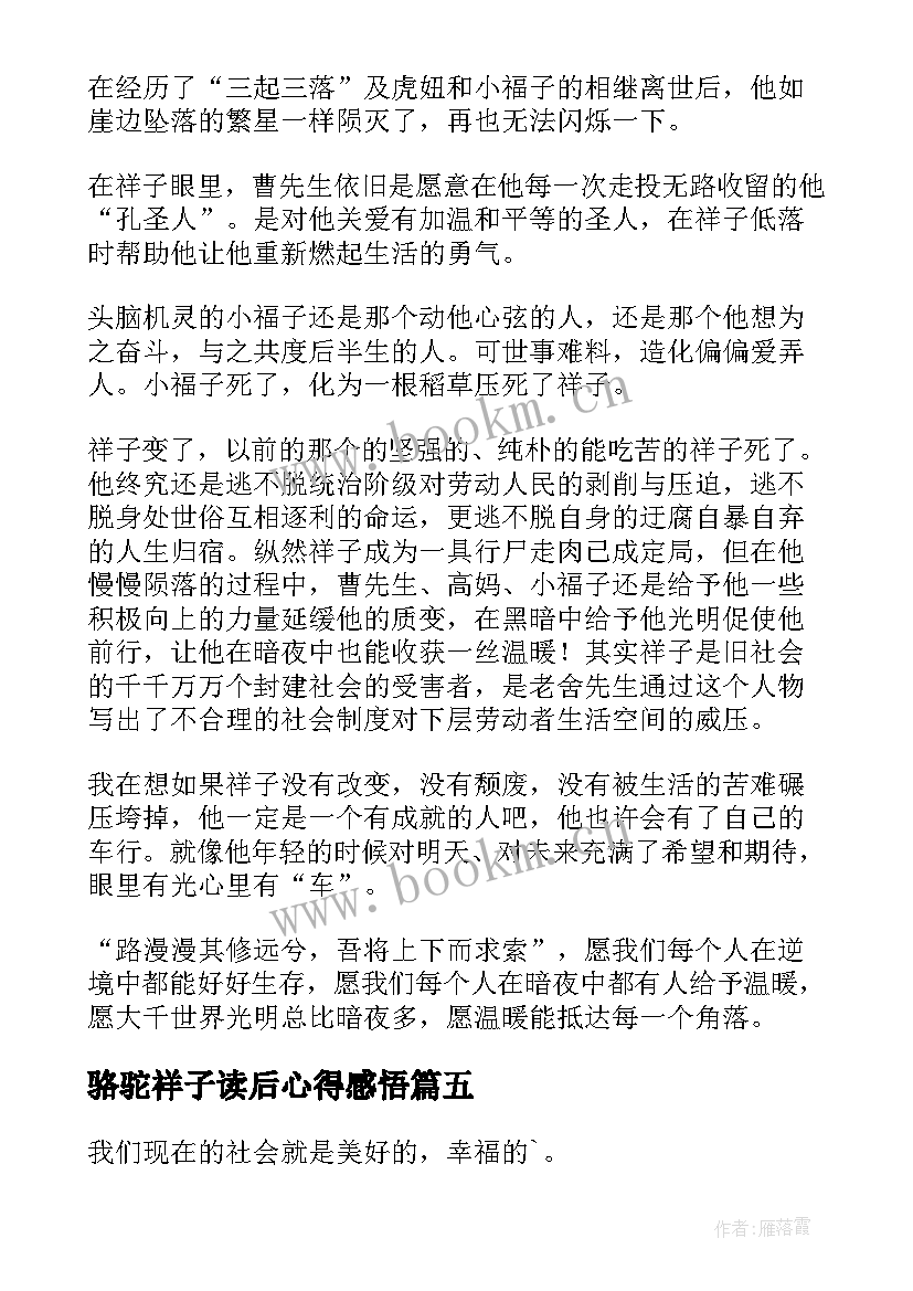 骆驼祥子读后心得感悟 骆驼祥子读书心得(实用5篇)