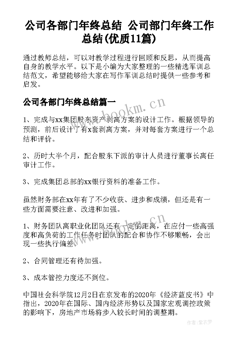 公司各部门年终总结 公司部门年终工作总结(优质11篇)