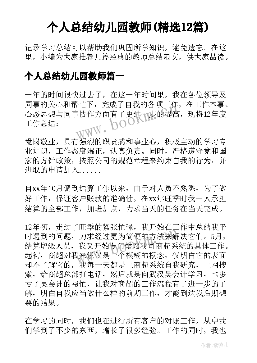 个人总结幼儿园教师(精选12篇)