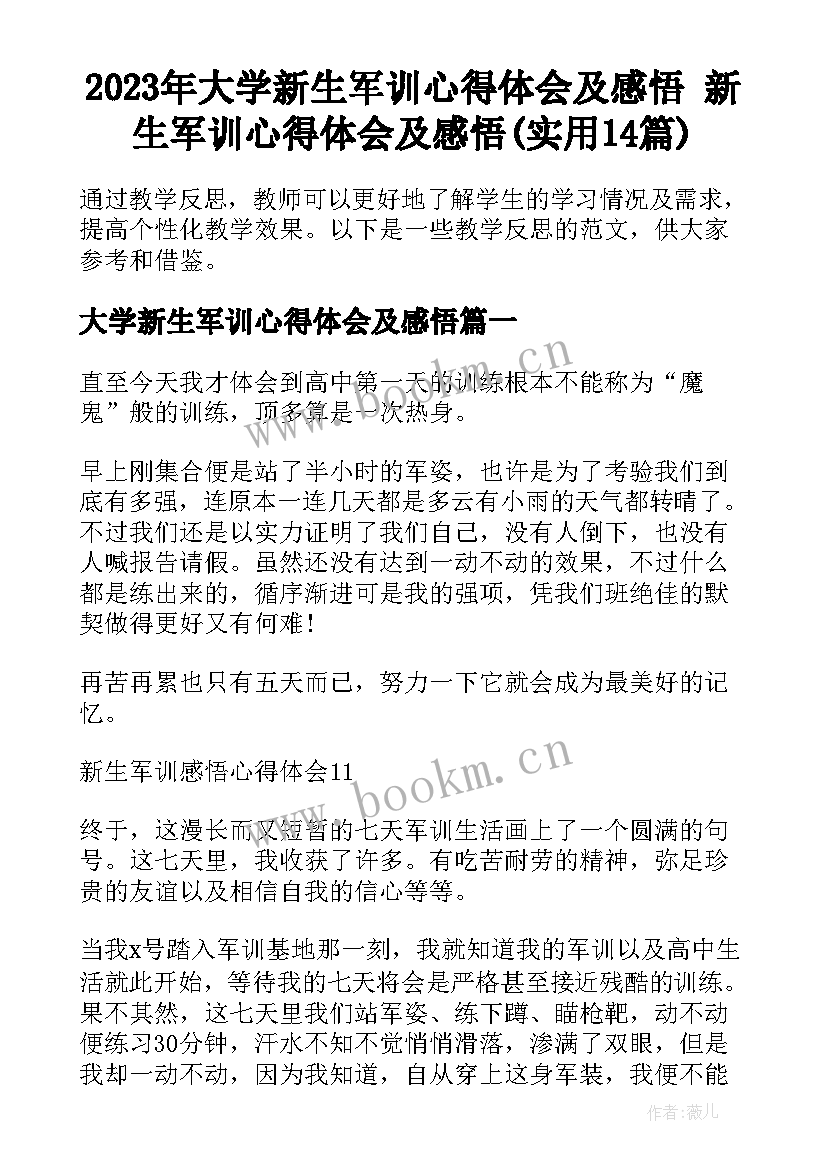 2023年大学新生军训心得体会及感悟 新生军训心得体会及感悟(实用14篇)