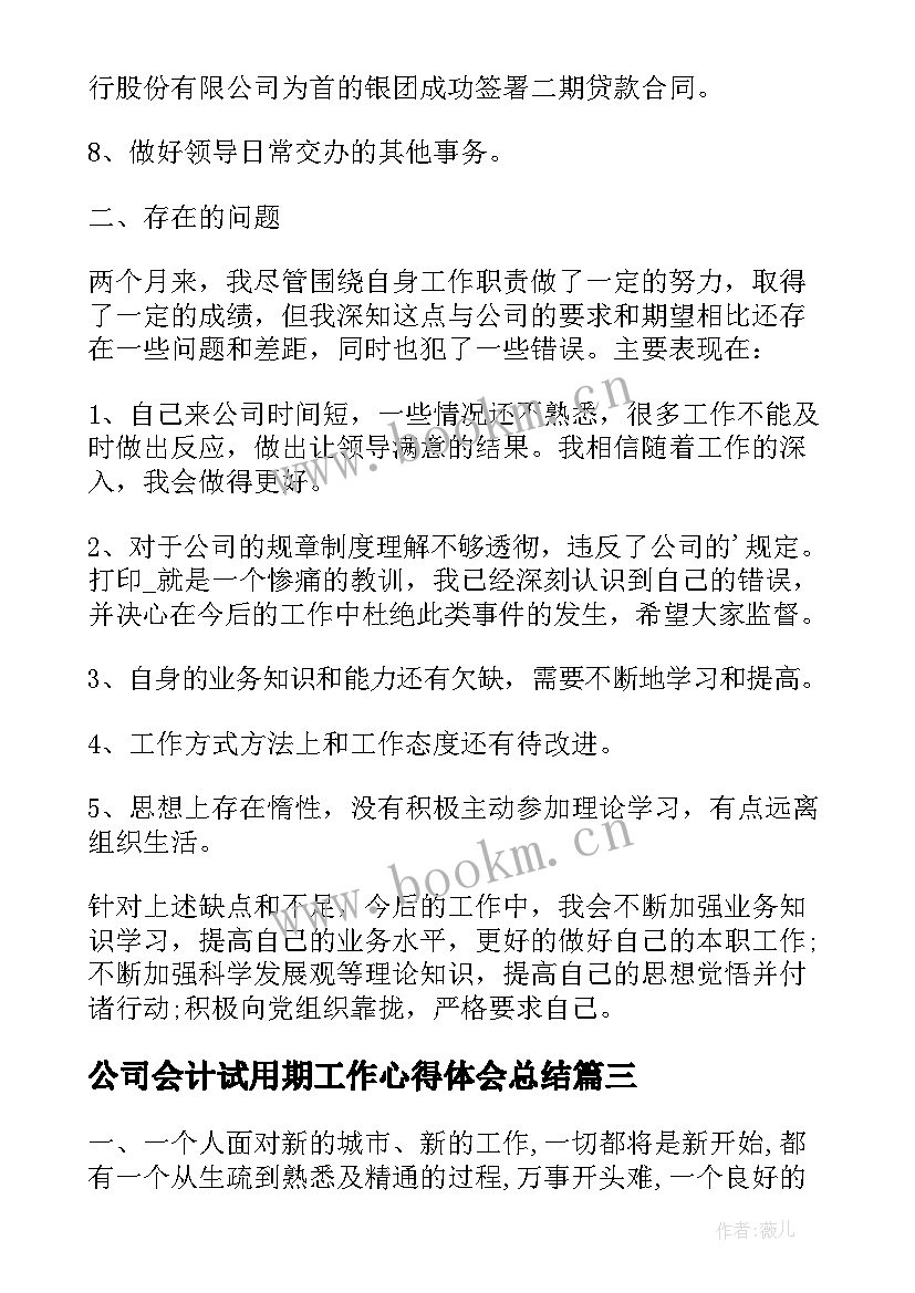 公司会计试用期工作心得体会总结 物流公司会计试用期工作总结(大全12篇)